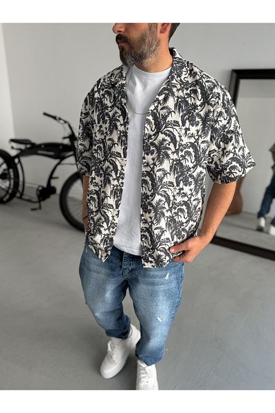 BYBASICMAN Beige Jungle Patterned Short Sleeve Shirt C-1676