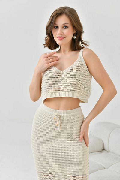 Park Karon Women's Bone Openwork Knit Strap Crop Lined Skirt Women's Knitwear Bottom-Top Set
