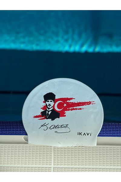 İKAVİ Ataturk and Turkish Flag Printed Silicone Swimming Cap