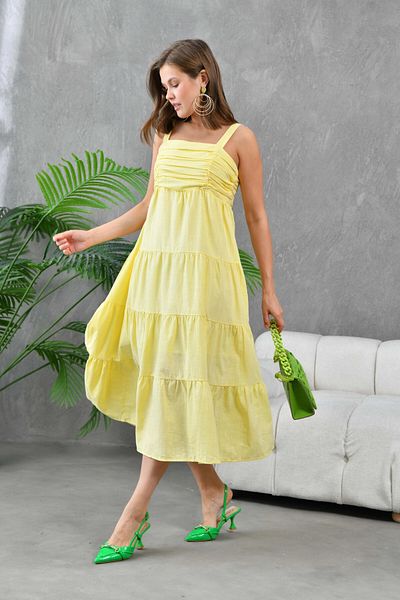 Park Karon Yellow Draped and Gimped Thick Strap Women's Dress