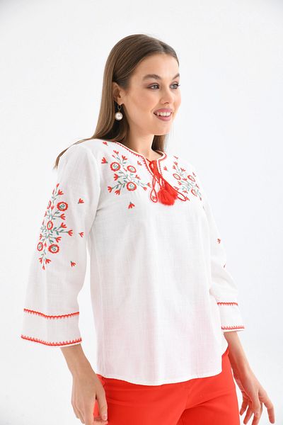 Park Karon Ethnic Embroidered Crew Neck Blouse - Lacing Detail