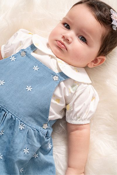 Cassiope Scalloped Collar Short Sleeve Blouse Combination Flower Embroidered Suspender Denim 2-Piece Baby Girl Dress