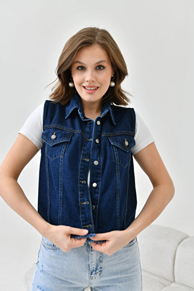 Park Karon Women's Dark Blue (Enzyme) Button Detail Jean Vest