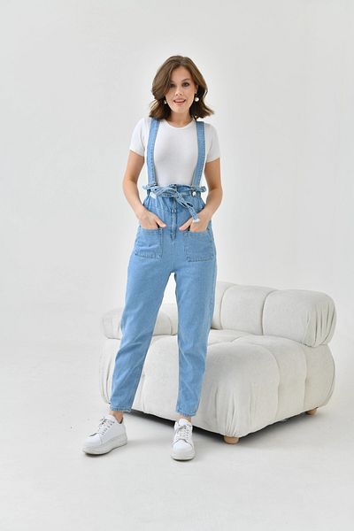 Park Karon Light Blue Denim Salopet - Women's Jumpsuit with Elastic Waist