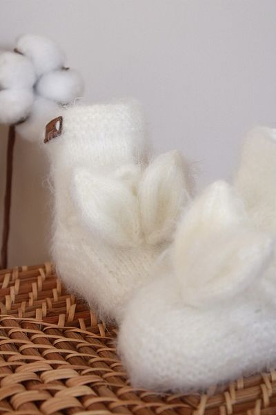 OhlalaKoala White Rabbit Ear Knitted Booties Baby 0-12 Months
