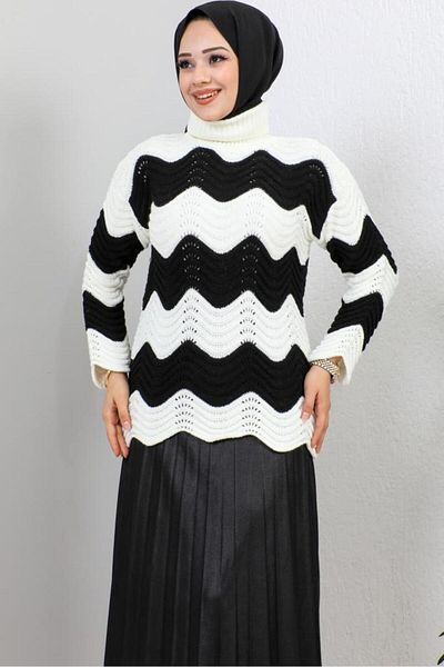 giyze Turtleneck Wave Patterned Knitwear Sweater Ecru 7003