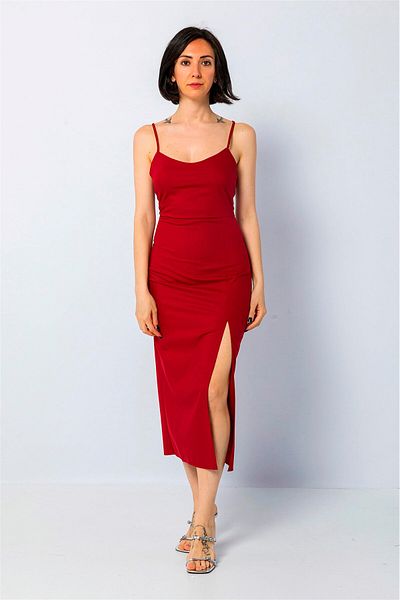 Green & Country Burgundy Midi Dress - Strappy Tight Form Above the Leg Slit