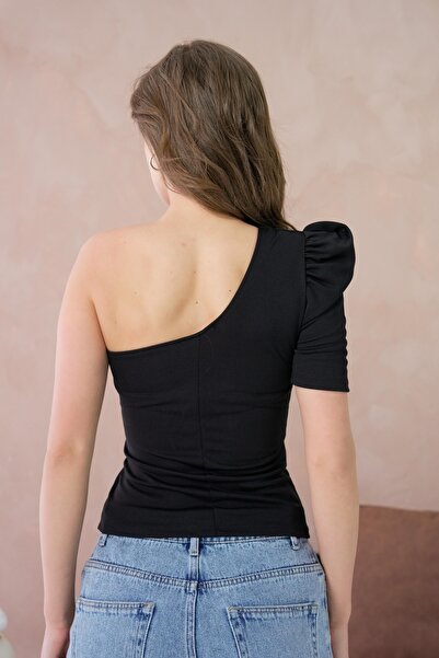 WOMAN VISION Stylish Draped Design One Shoulder Padded Black Crop Women's Blouse 1045