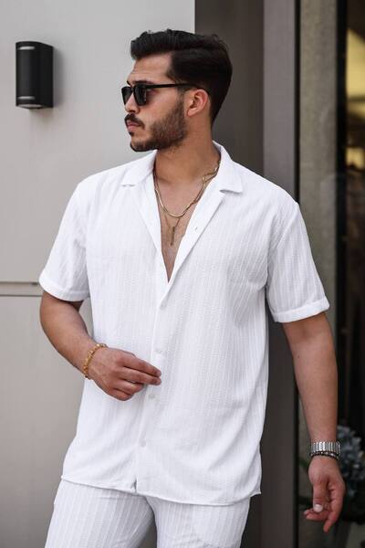 Tex Republic Men's White Twisted Summer Basic Oversize Shorts Shirt Set