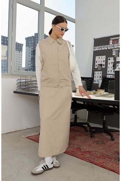 Fatma Atasoy Trench Stone cu buzunar cu clapă
