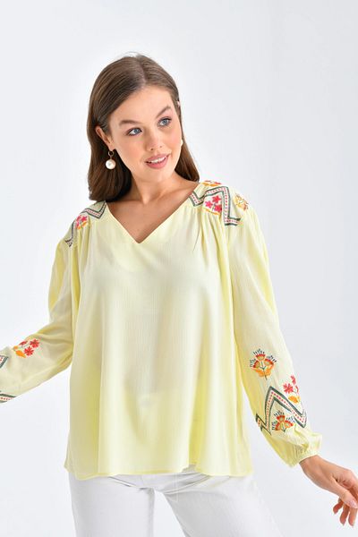 Park Karon Long Sleeve V-Neck Embroidered Loose Women's Blouse