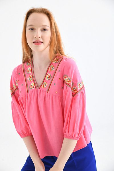 Park Karon Bluză cu decolteu în V țesut casual cu detaliu de broderie