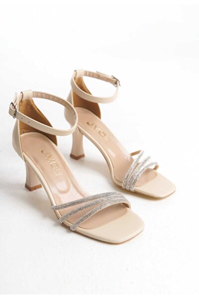 JVC Beige Women's 3 Stripes Stone High Heel Shoes