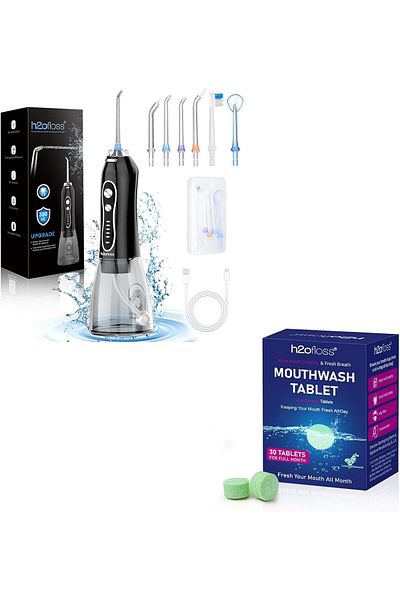 h2ofloss Water Flosser with Natural Mouthwash Tablets Portable Dental Care Set for Home and Travel