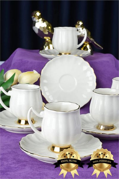 Farika Porselen Tulip 12 Piece 6 Person Gold Gilded Porcelain Coffee Cup Set