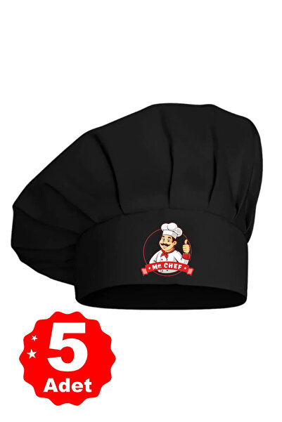 enmalife 5li Siyah Üzeri Mr. Chef Logo Baskılı Şef Aşçı Şapkası Mantar Kep