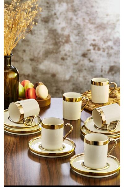 Farika Porselen Gözde 12 Piece 6 Person Gold Plated Porcelain Coffee Cup Set