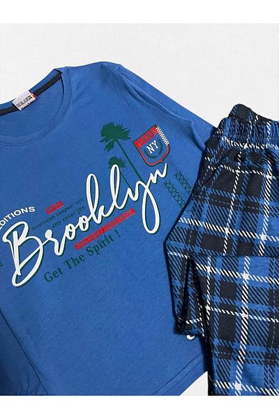 Fil Kids Boy's 100% Cotton Blue Brooklyn Pattern Long Sleeve Seasonal Pajama Set