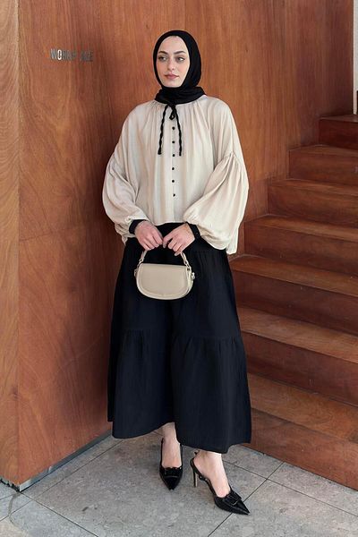 lamelif Πουκάμισο Hijab Cream με γαρνιτούρα
