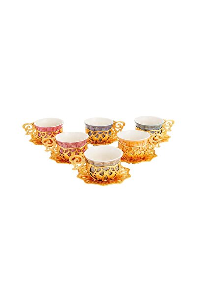 FARİKA طقم قهوة سلطان الرخامي لستة أشخاص (ذهبي) (صنع في تركيا)