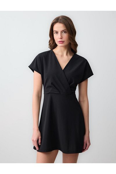 Jimmy Key Black Double Breasted Collar Short Sleeve Knitted Mini Dress