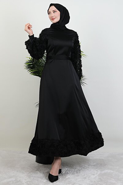 Rose Detail Satin Evening Dress Black