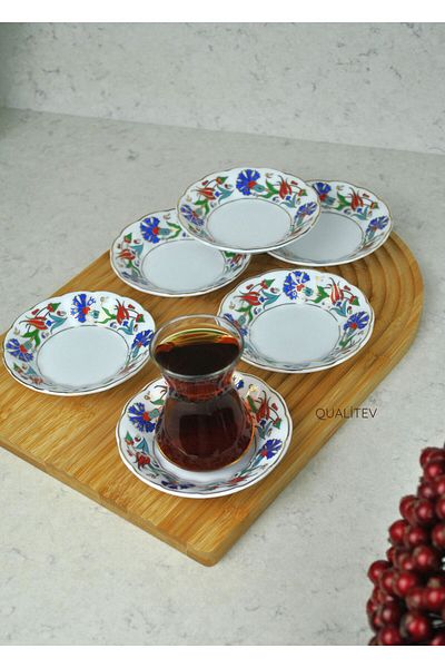 Qualitev 6-Piece Porcelain Tea Plate Tulip Motif Ottoman Pattern Tea Plate
