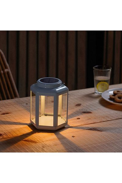 IKEA SOLVINDEN LED solar-powered table lamp, lantern/light blue, 17 cm