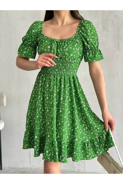 Sunlit Collections Kadın Yeşil Çiçek Desenli Gipeli Bürümcük Yazlık Elbise