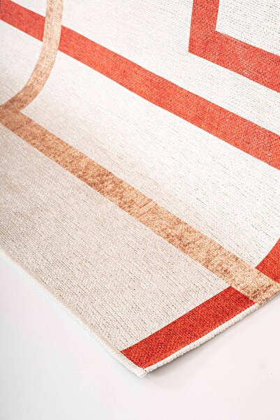 Serente Home Geometric Patterned Washable Non-Slip Base Chenille Cream Beige Red Kitchen Carpet 4139
