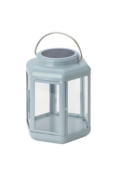 IKEA SOLVINDEN LED solar-powered table lamp, lantern/light blue, 17 cm