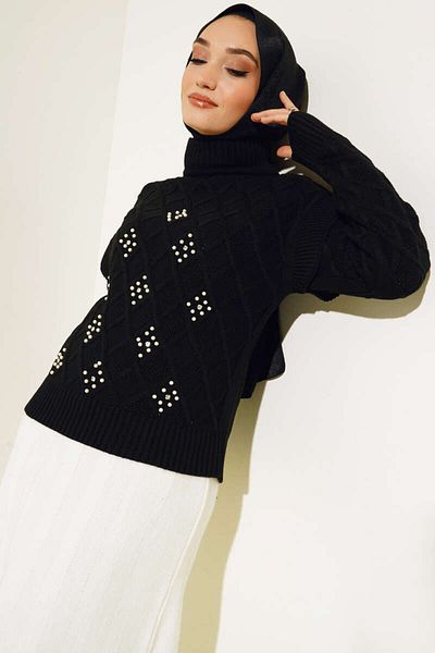 giyze Pearl Half Turtleneck Knitwear Sweater Black 7031-7058