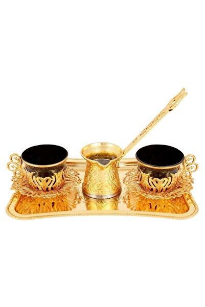 FARİKA طقم تقديم قهوة توليب بلاك لشخصين مع إبريق وصينية (ذهبي)