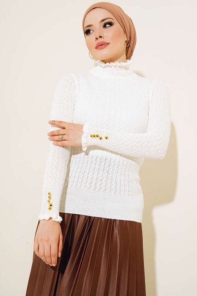 giyze Knitted Detail Knitwear Sweater with Buttons on the Wrists Ecru 4019