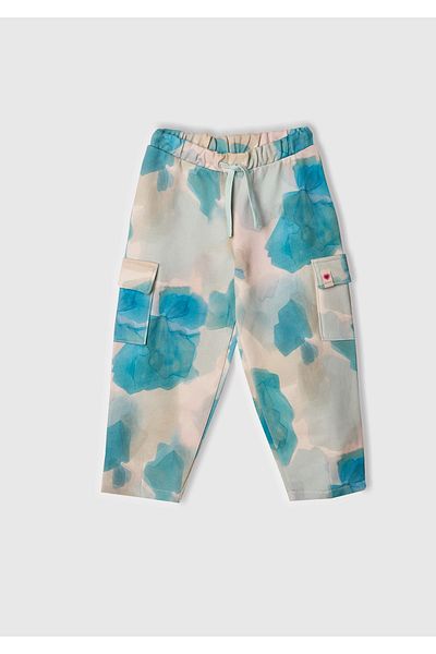 United Colors of Benetton Girl's Blue Mix All Patterned Cargo Sweatpants with Logo Labeling and Patch Pockets