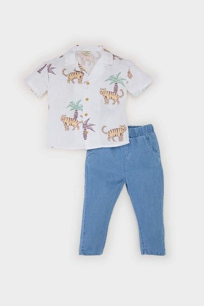 DeFacto Baby Boy 2 �   Tooling Patterned Poplin Jeans with Kurt Sleeves and Waist Freeze E7725A525S