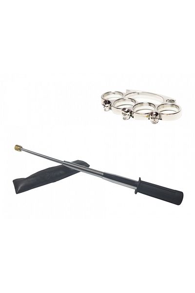 Depox Set baston telescopic argintiu flexibil, maner din cauciuc, 47 cm si cutie cu craniu argintiu