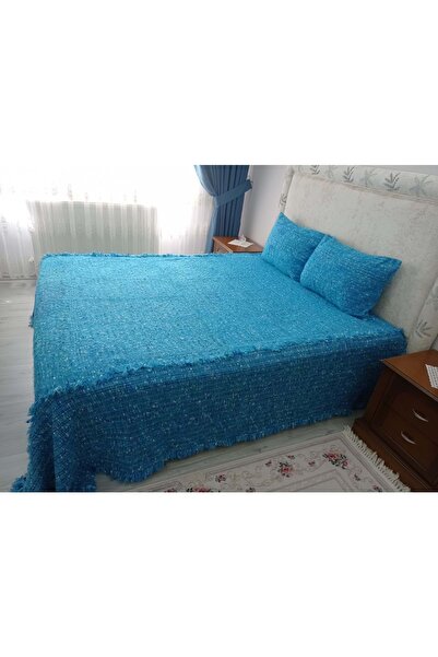 Mandaş Tavşan Tüyü Peluş El Dokuma Yumuşak Dokulu Çift Kişilik Yatak Örtüsü (280x260)-mavi