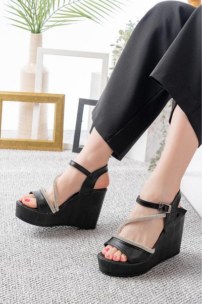 Weynes Women's Black 10 cm Wedge Heel Stone Single Strap Sandals Wsb3028