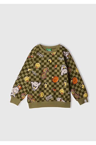United Colors of Benetton Суитшърт с кръгло деколте в цвят каки за момче с лого и щампи