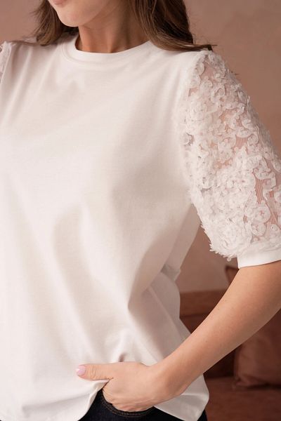 Park Karon Tricou de bază cu mâneci cu decolteu și detaliu din tul dens