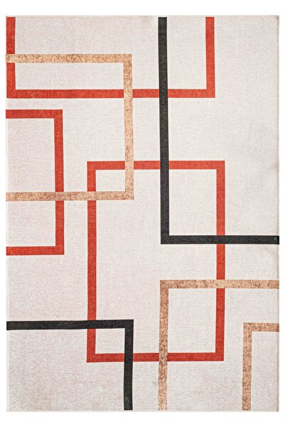 Serente Home Geometric Patterned Washable Non-Slip Base Chenille Cream Beige Red Kitchen Carpet 4139