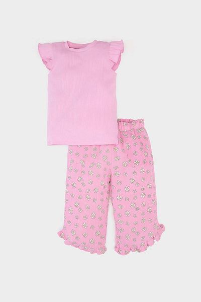 DeFacto Baby Girl Crinkle Tikta - Set of 2 |   Short-Sleeved T-Shirt and Elastic Waist Floral Pants E7798A525Sm