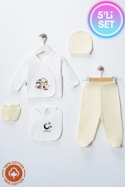 Miniel Unisex Bebek Baykuş Baskılı Organik Pamuklu 5'Li Yenidoğan Bebek Hasta...