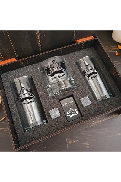 hediyekralı Kişiye Özel Hediye Kutusu Içinde 2 Rakı, 1 Viski Bardağı + Çakmak...