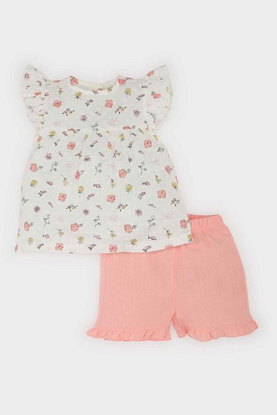DeFacto Baby Girl 2 Piece Set Floral Flared Poplin Short Sleeve Blouse Elastic Waist Shorts E8453A525Sm