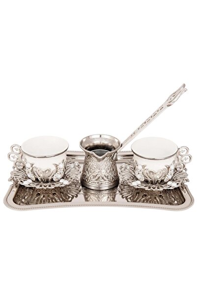 FARİKA طقم تقديم قهوة لشخصين بتفاصيل حجرية، إبريق وصينية (أبيض) (صنع في تركيا)