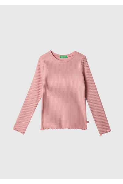 United Colors of Benetton Girl's Pink Logo Label Ribbed Long Sleeve T-Shirt