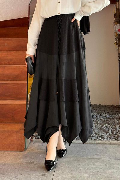 lamelif Embroidered Black Skirt - Piece Hijab