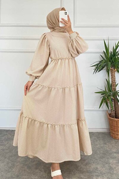 lamelif رقبة دائرية - فستان حجاب مخطط - بني حليبي